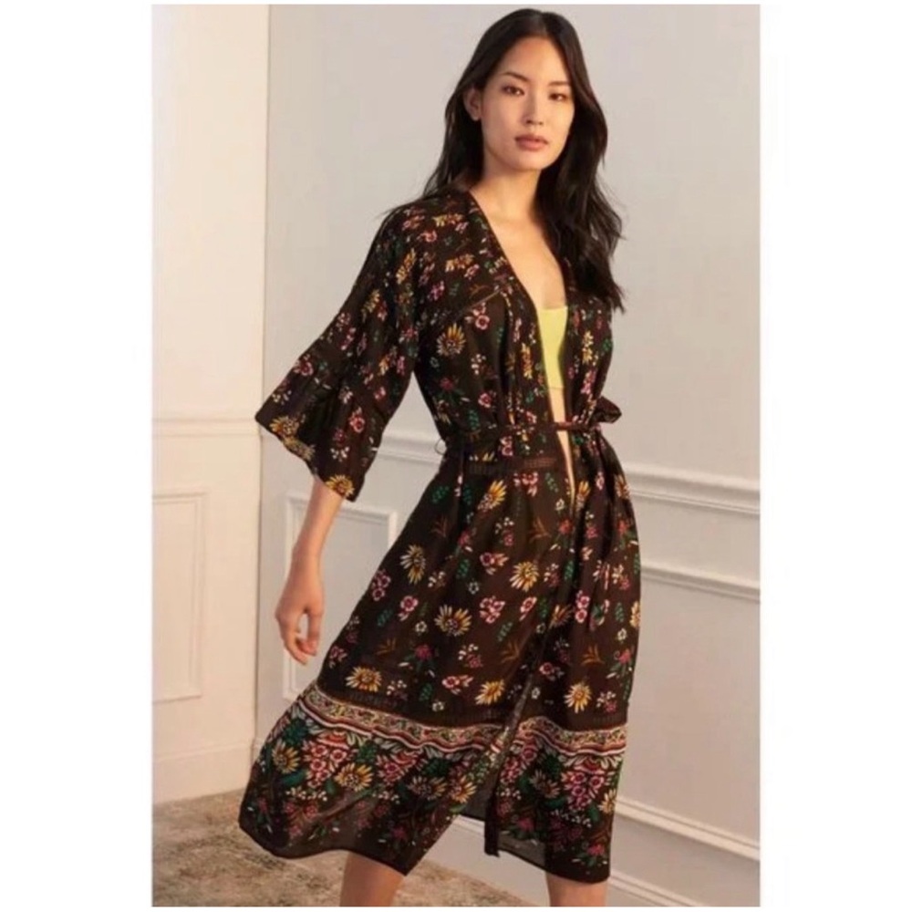 Anthropologie Pintucked Brown Floral Robe NWT Size Large